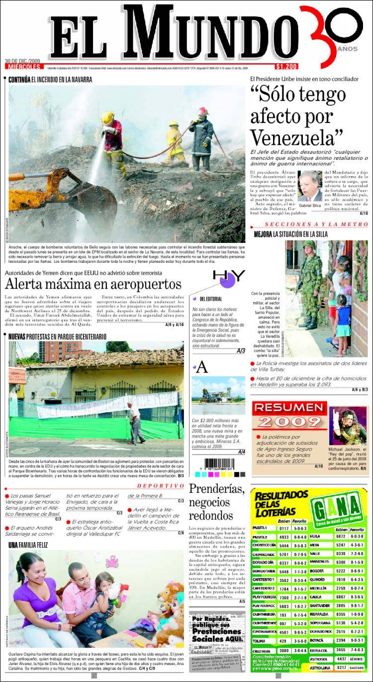 Portada de El Mundo (Colombia)