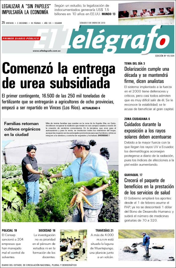 Periódico El Telégrafo Ecuador Periódicos De Ecuador Edición De Sábado 9 De Enero De 2010 