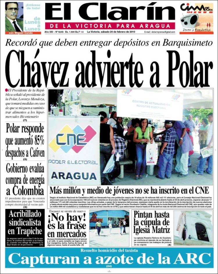 Portada de El Clarín de la Victoria para Aragua (Venezuela)