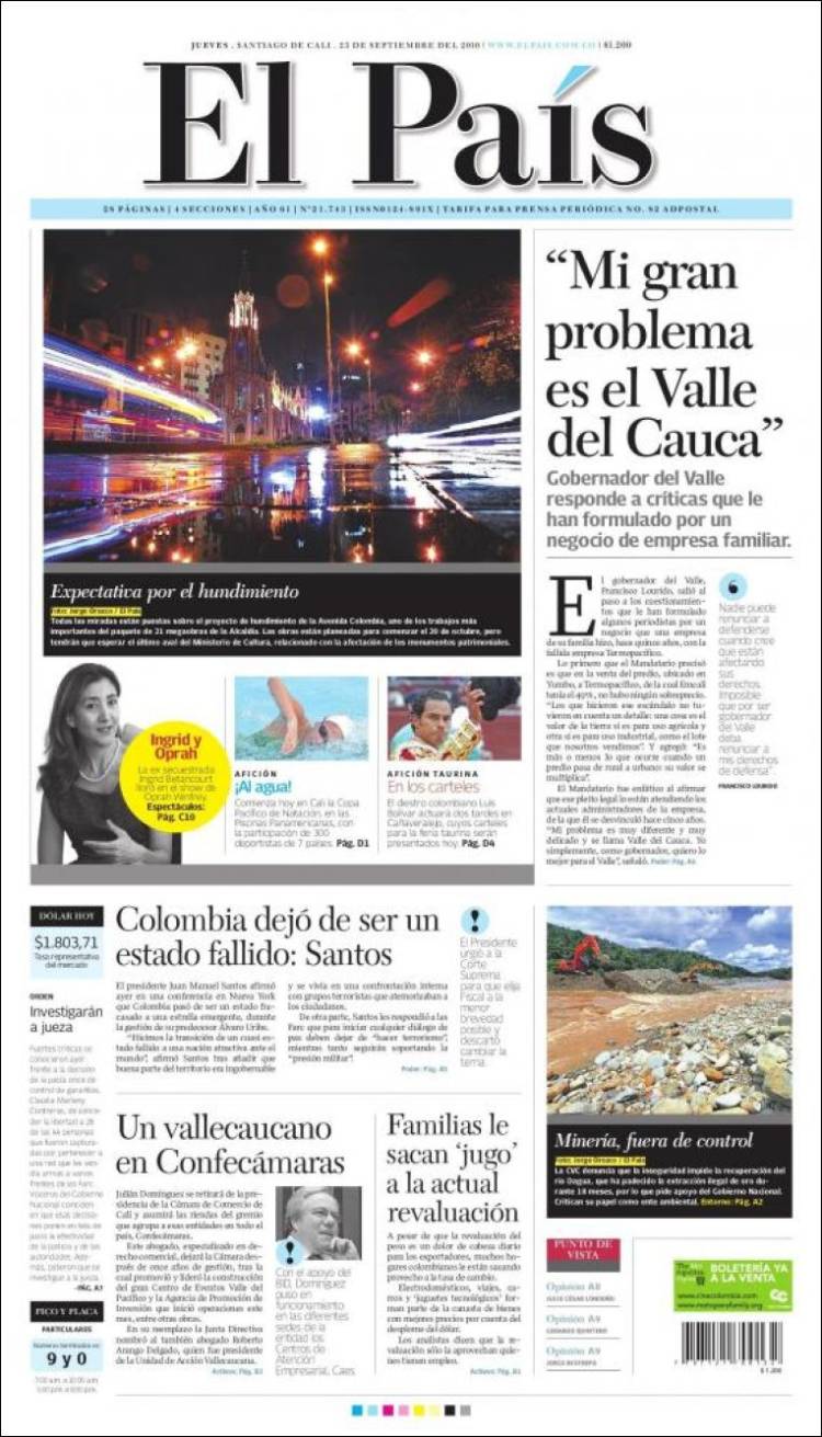 Portada del periódico El País - Cali (Colombia). Todos los periódicos
