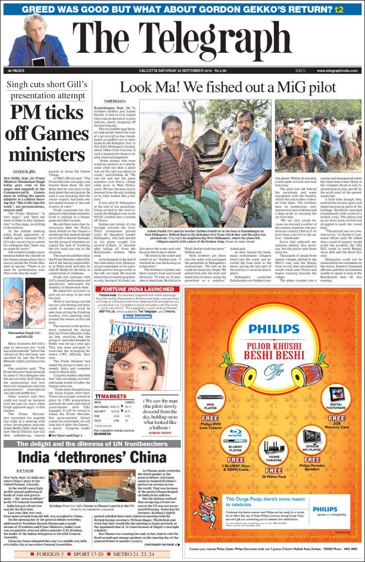 Portada de The Telegraph India (India)