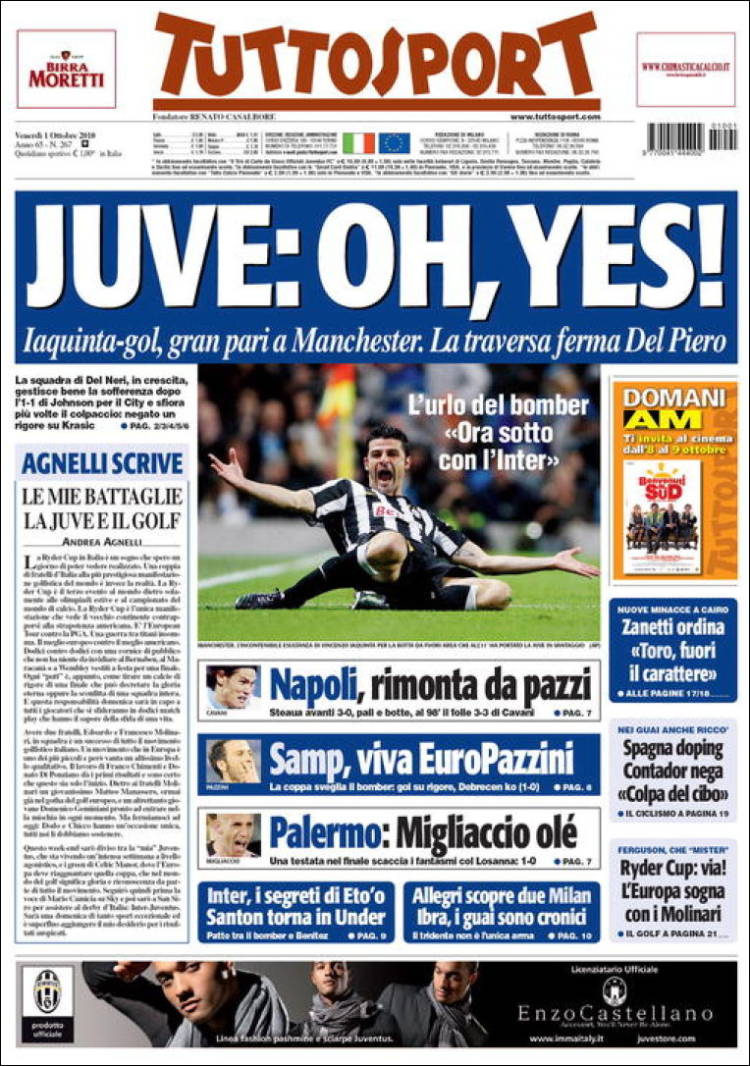 Newspaper Tuttosport (Italy). Front pages from newspapers in Italy