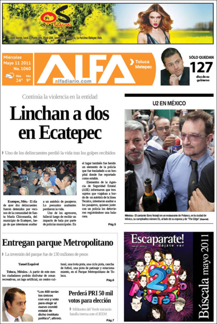 Periódico Alfa (México). Periódicos de México. Edición de miércoles, 11
