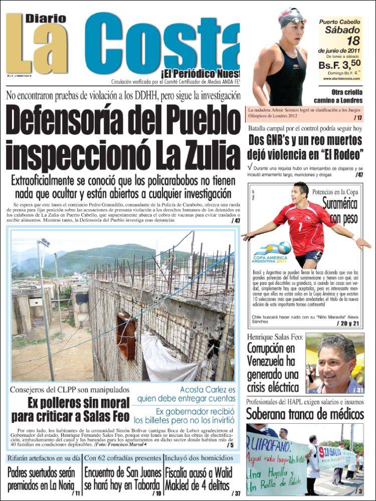 Portada de Diario La Costa (Venezuela)