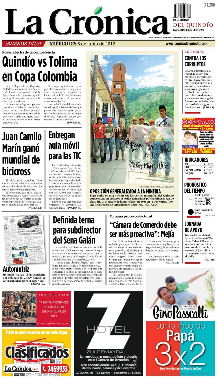 Portada de La Crónica del Quindío (Colombia)