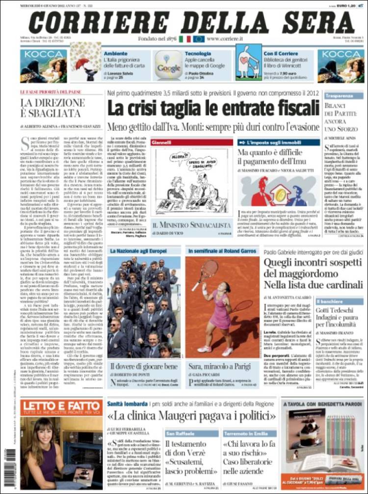Portada de Corriere della Sera (Italia)