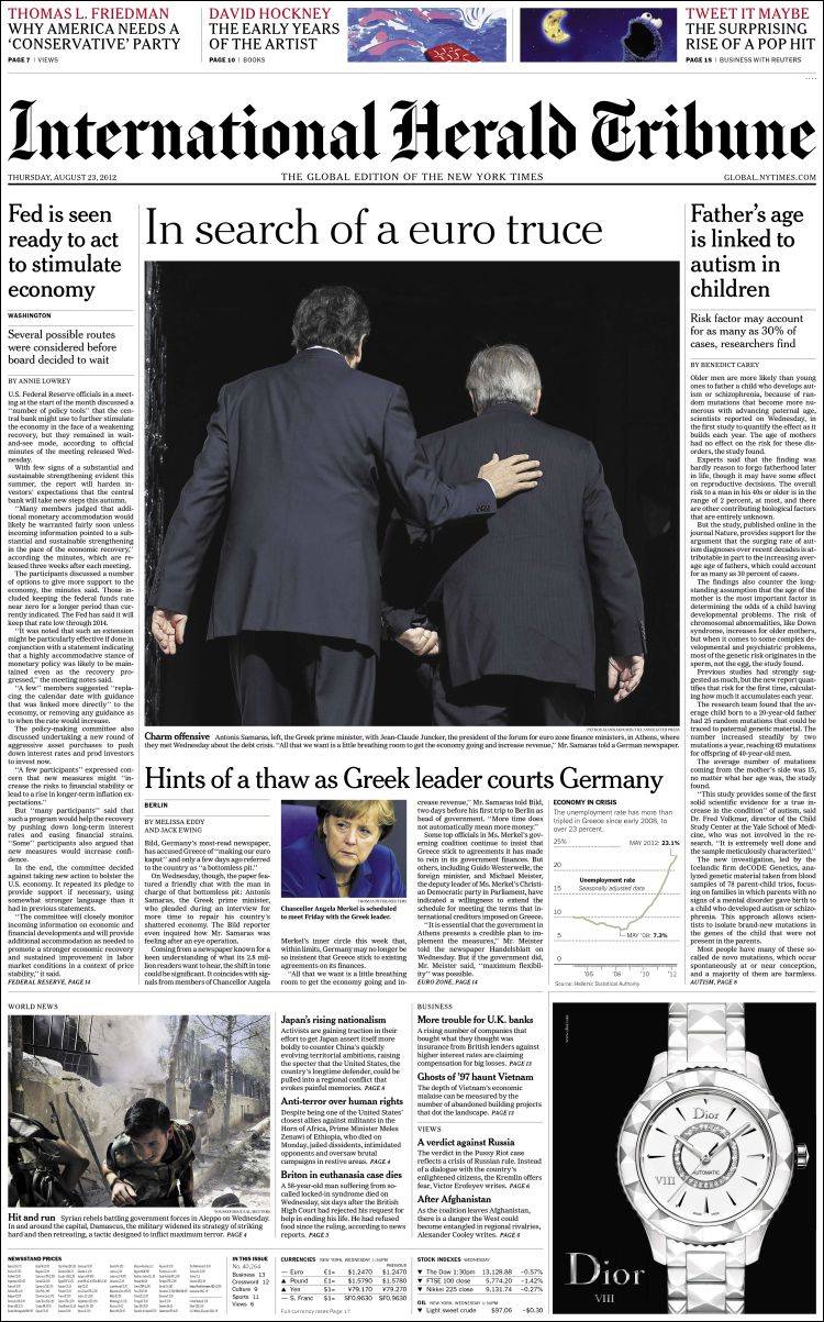 Portada de International Herald Tribune (Europe)