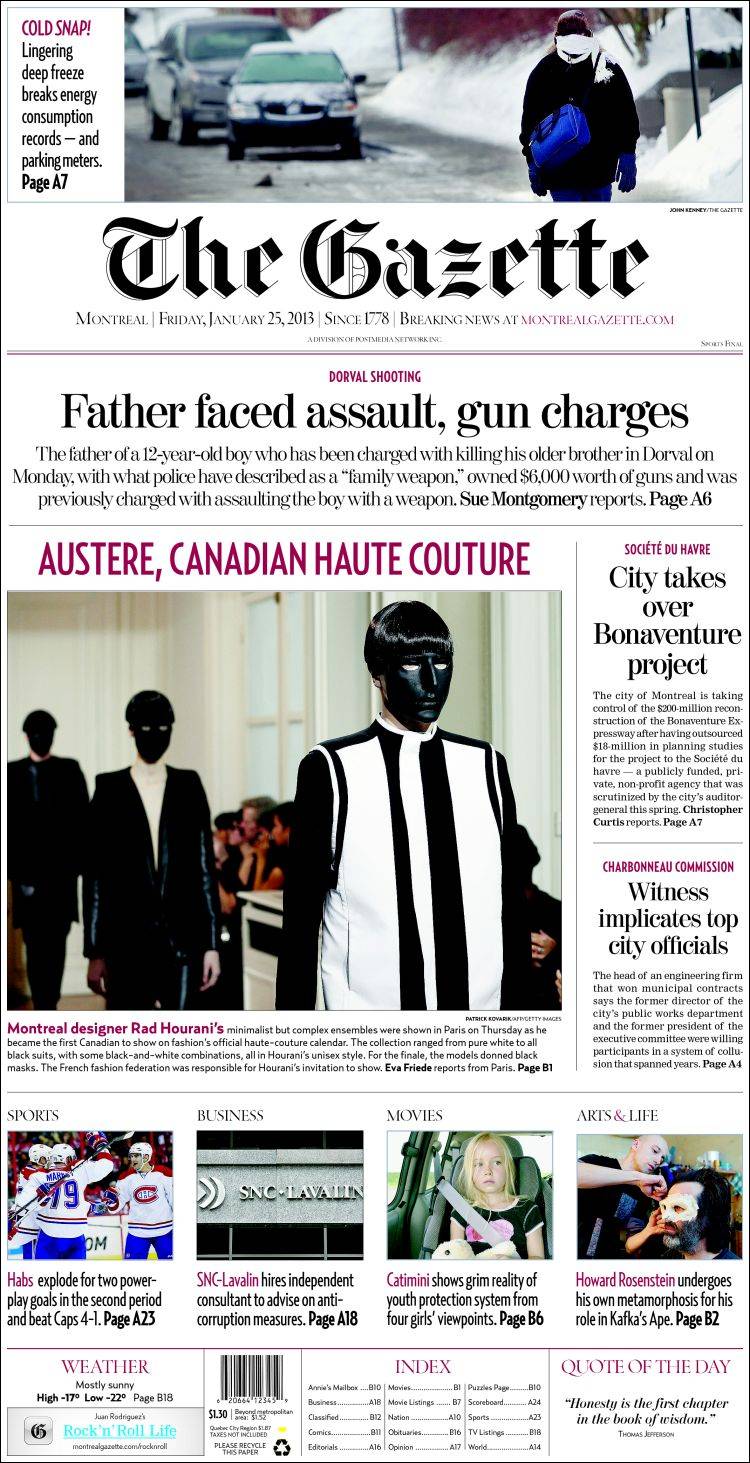 Portada de The Gazette (Canadá)