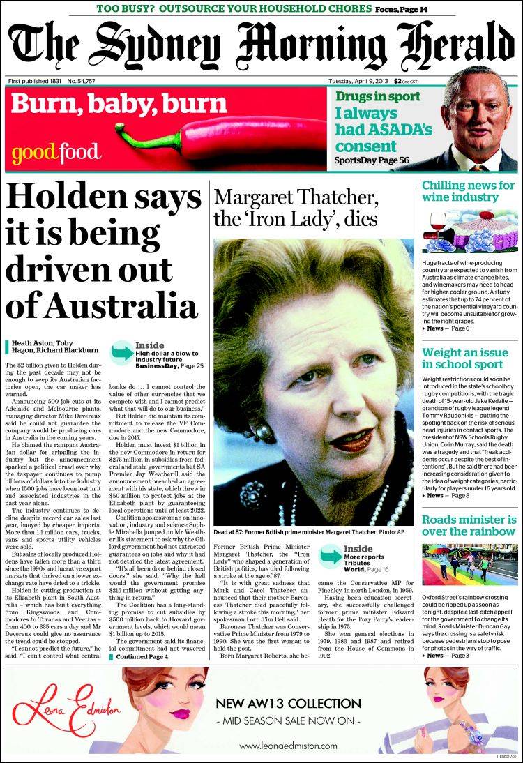Portada de The Sydney Morning Herald (Australia)