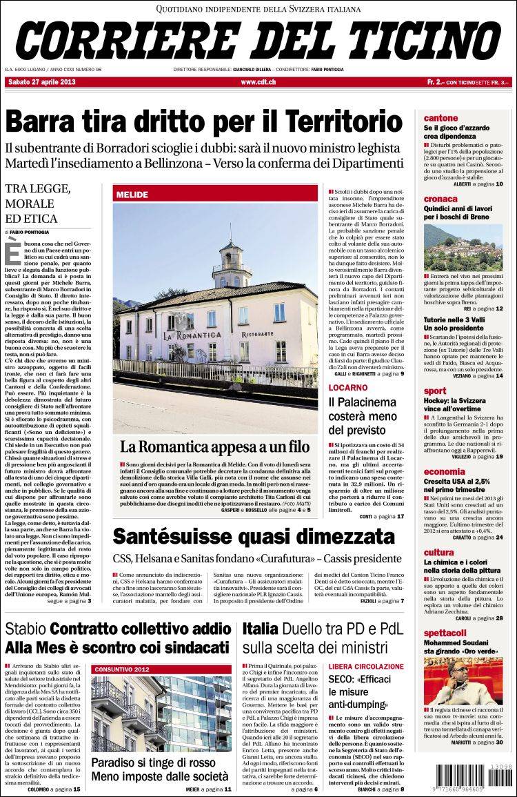 Portada de Corriere del Ticino (Suiza)