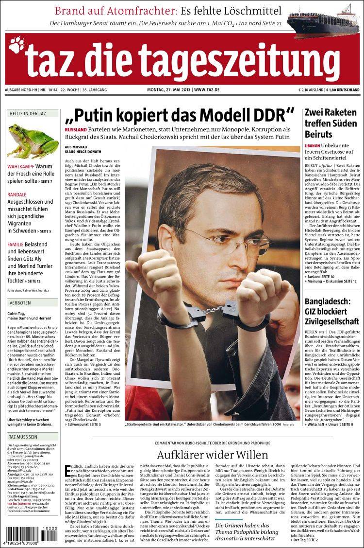 Portada de Die Tageszeitung (Alemania)