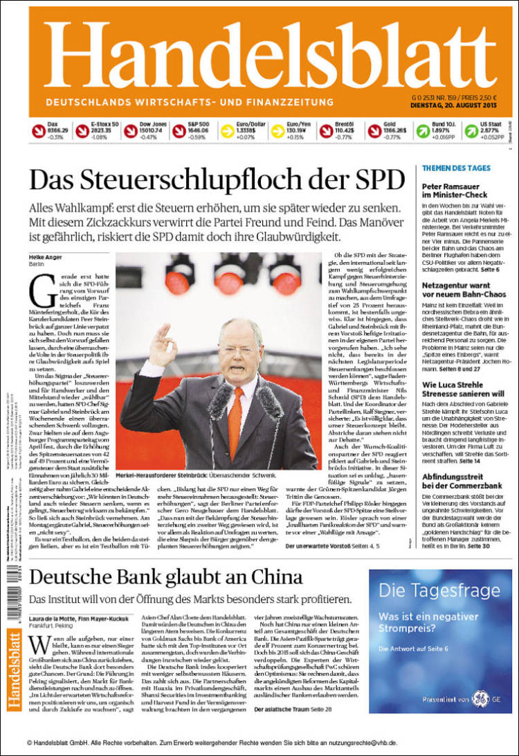 Portada de Handelsblatt (Alemania)