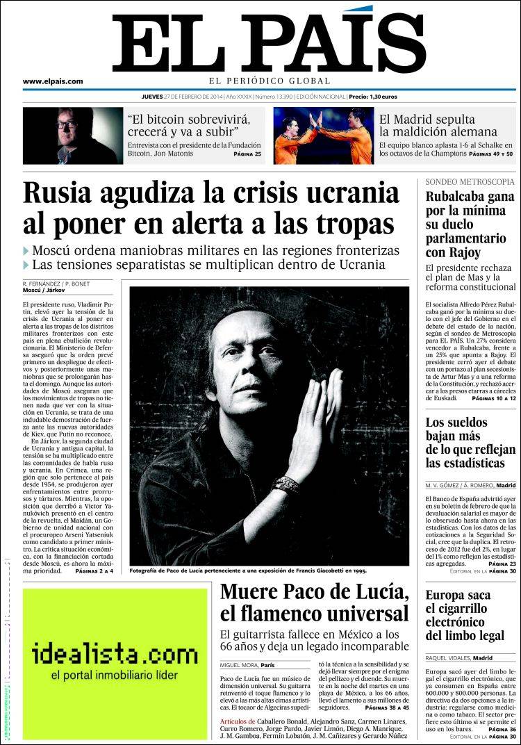 Periódico El País (España). Periódicos de España. Edición de jueves, 27