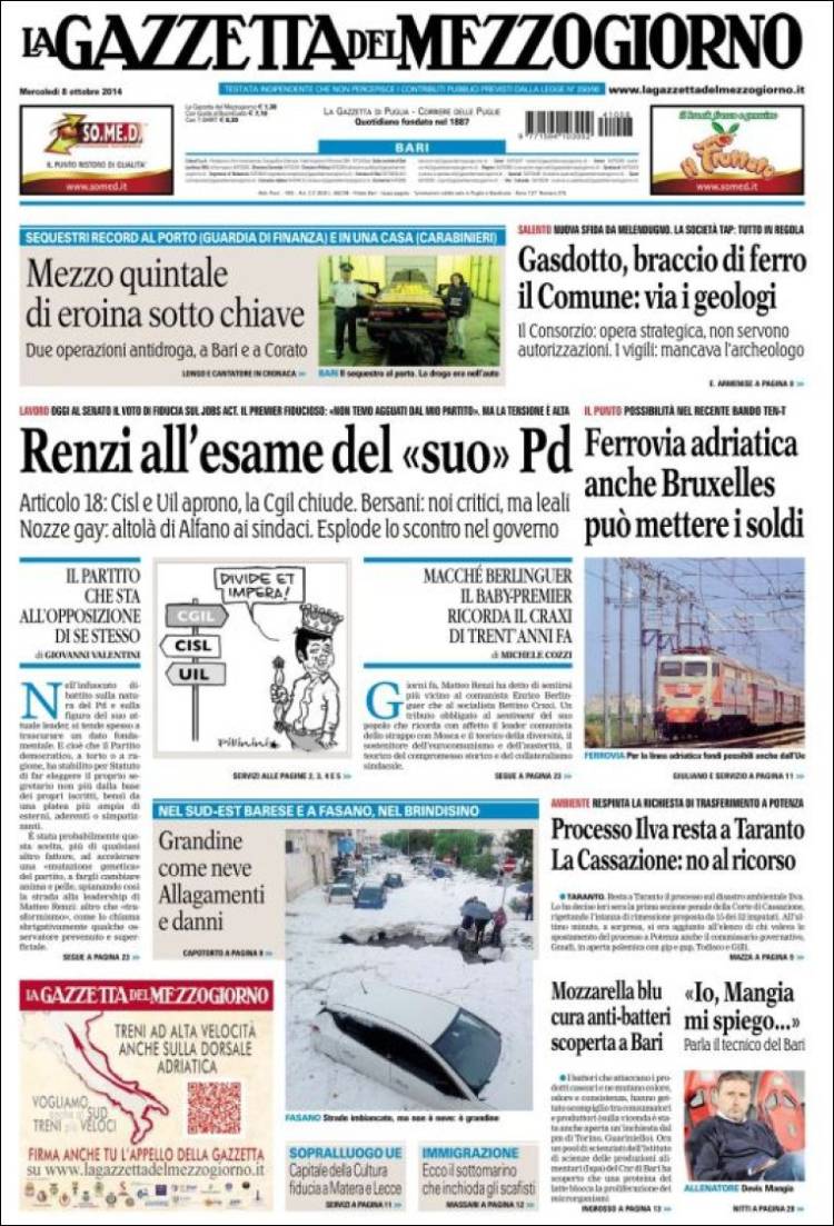 Portada de La Gazzetta del Mezzogiorno (Italia)