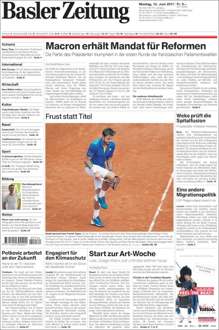Portada de Basler Zeitung (Suisse)