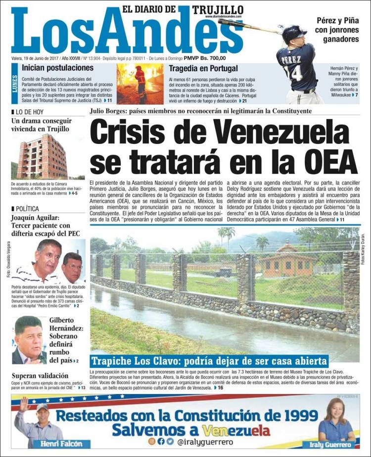 Portada de Diario de los Andes (Venezuela)
