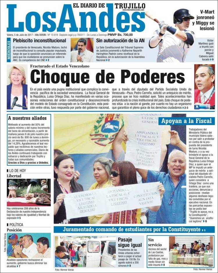 Portada de Diario de los Andes (Venezuela)