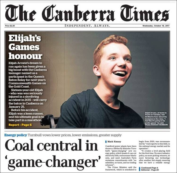 Portada de Canberra Times (Australia)