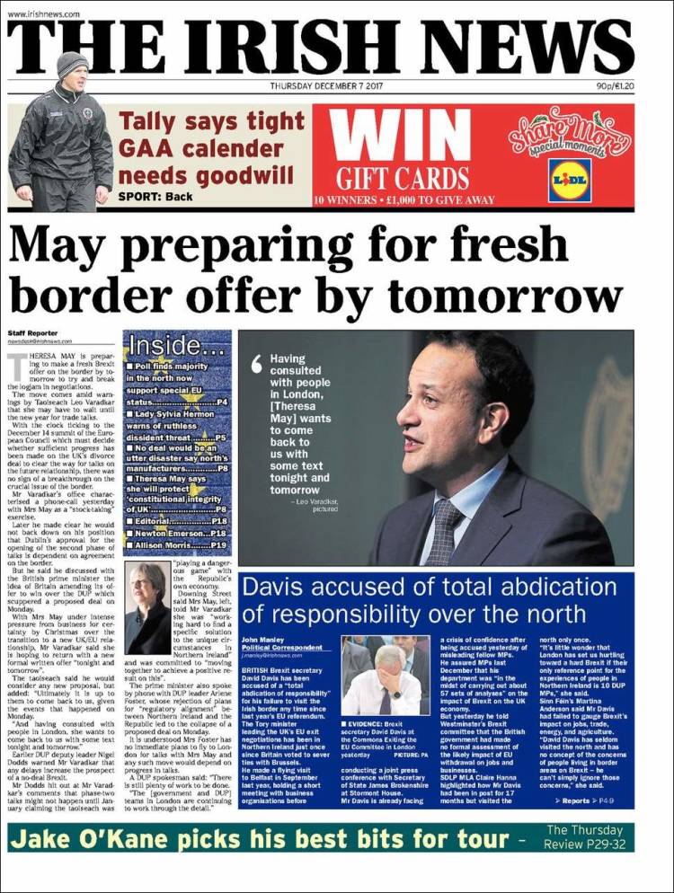 Portada de The Irish News (Irlanda)