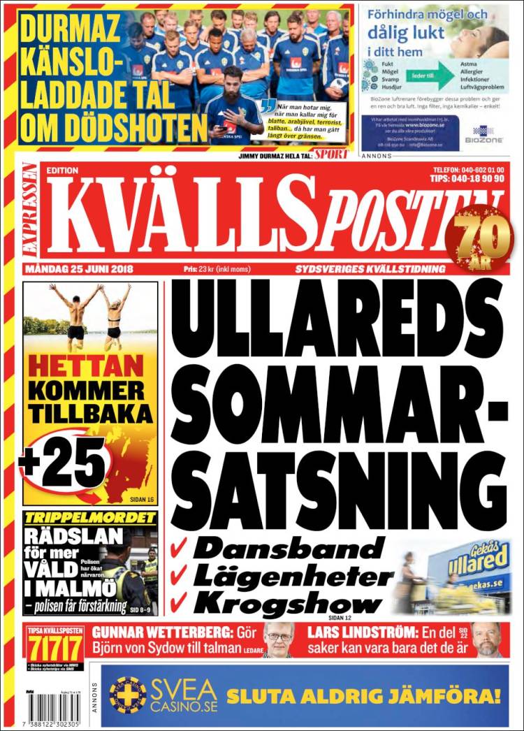 Portada de Kvällsposten (Suecia)