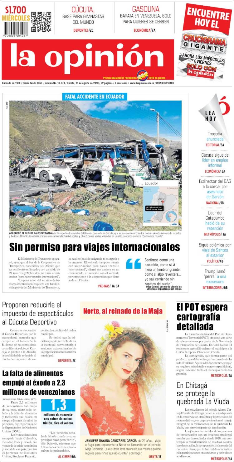 Portada de Diario La Opinion (Colombia)
