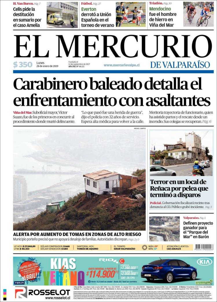 Portada de Mercurio de Valparaiso (Chile)