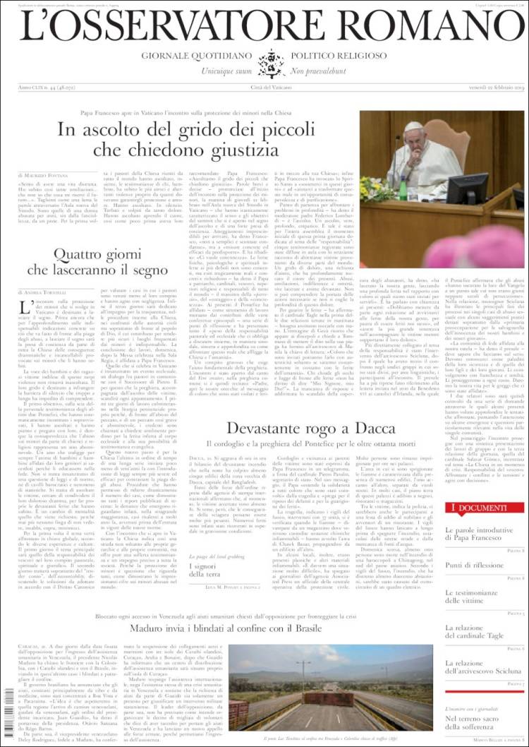 Portada de L'Osservatore Romano (Italia)