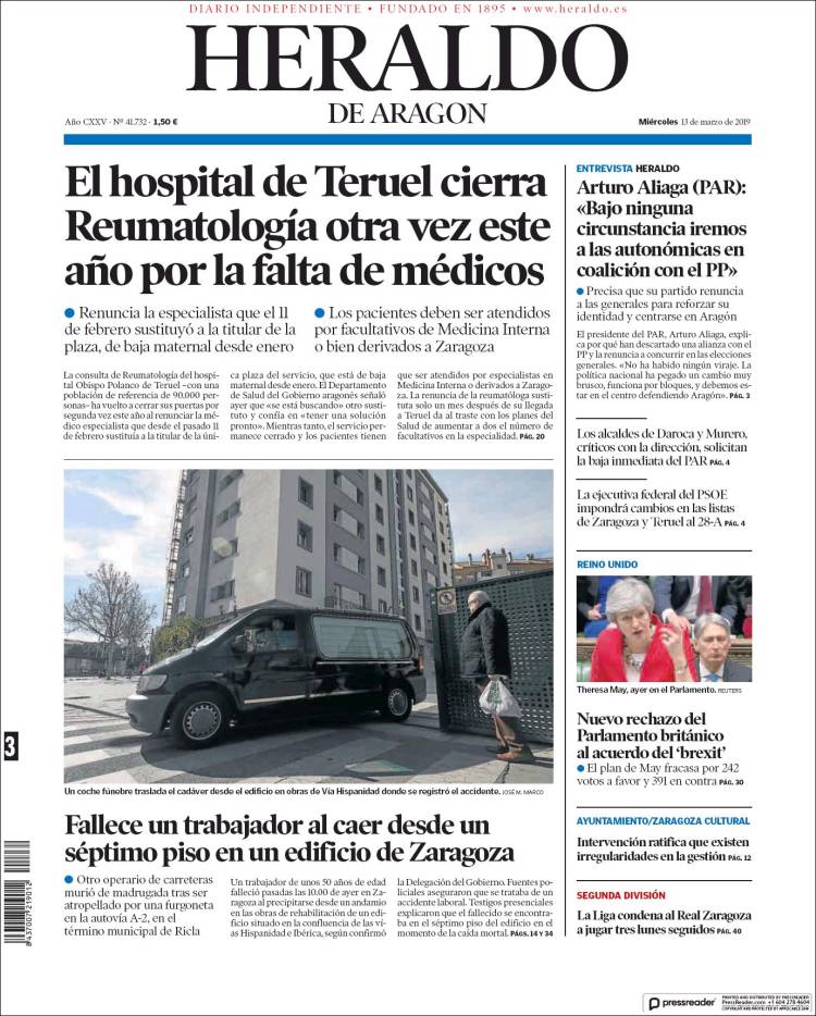 Portada de Heraldo de Aragón (España)