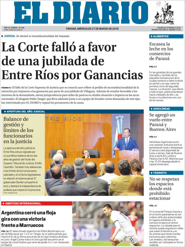 Portada de El Diario de Paraná (Argentina)