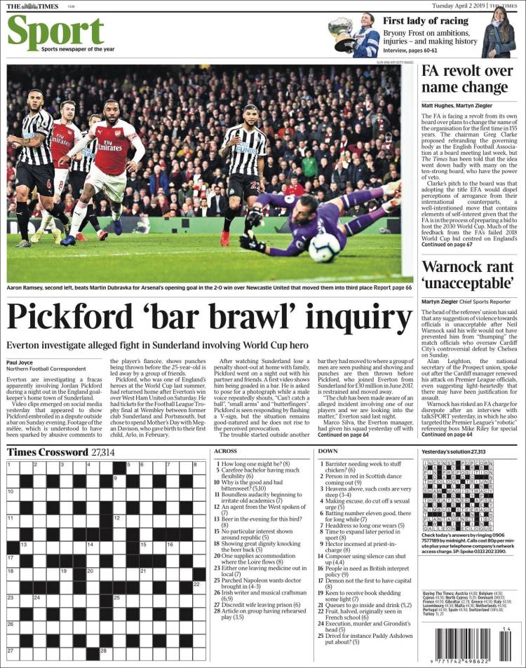 Portada de The Times Sport (Reino Unido)
