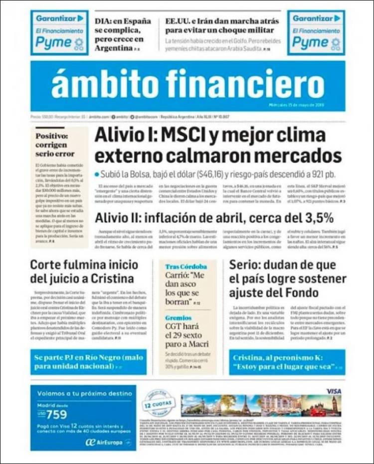 Portada de Diario Ambito Financiero (Argentina)