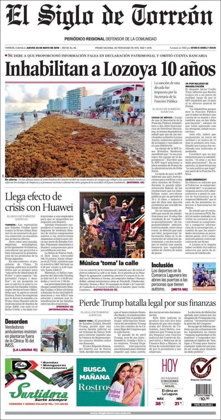 Portada de El Siglo de Torreon (México)
