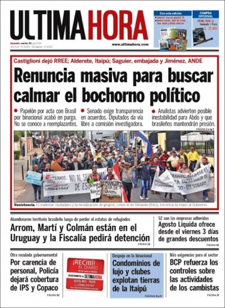 Portada de Última Hora (Paraguay)