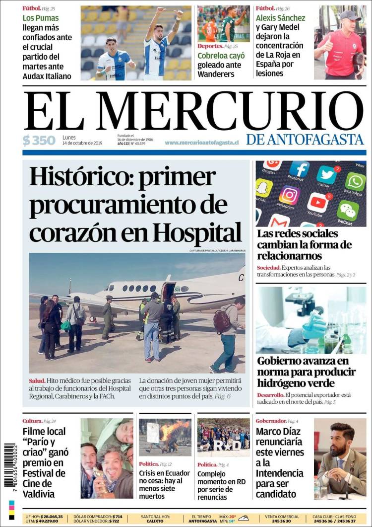 Portada de El Mercurio de Antofagasta (Chili)