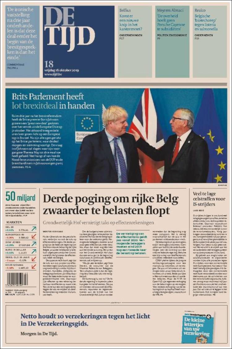 Portada de De Tijd (Bélgica)