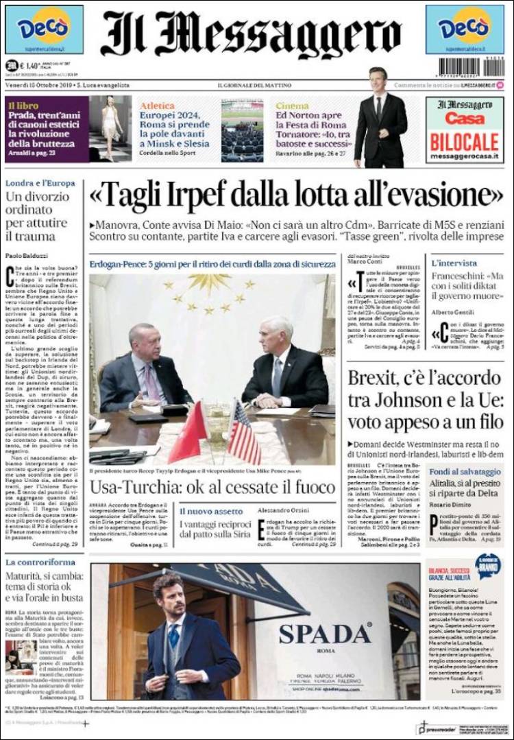 Portada de Il Messaggero (Italia)