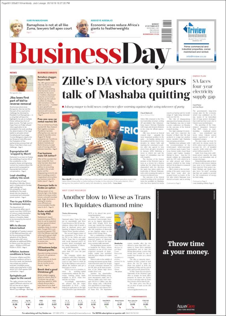 Portada de Business Day (Afrique du Sud)