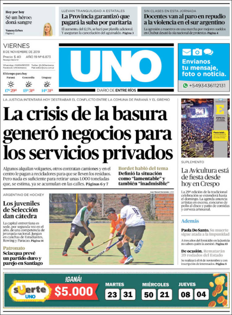 Portada de Diario Uno de Entre Ríos (Argentina)