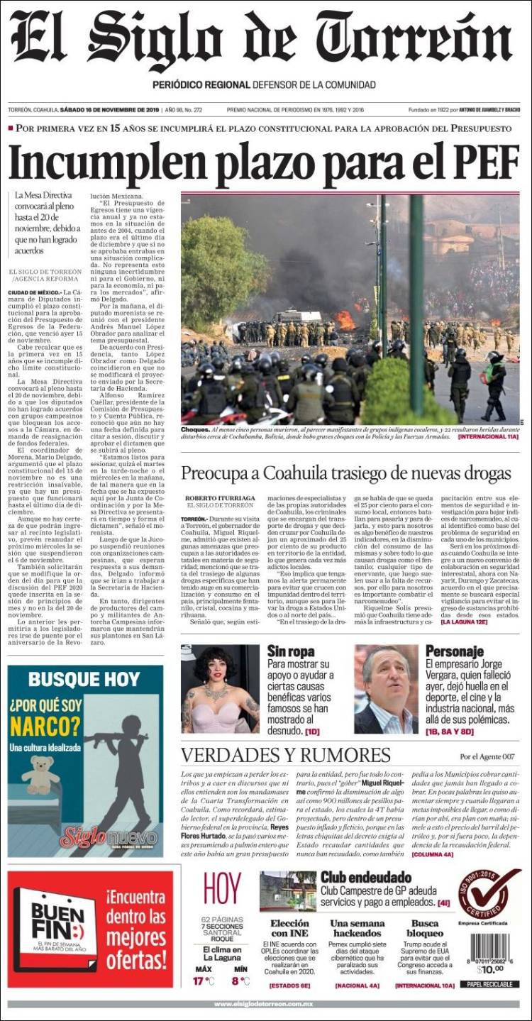 Periódico El Siglo De Torreon México Periódicos De México Edición De Sábado 16 De Noviembre