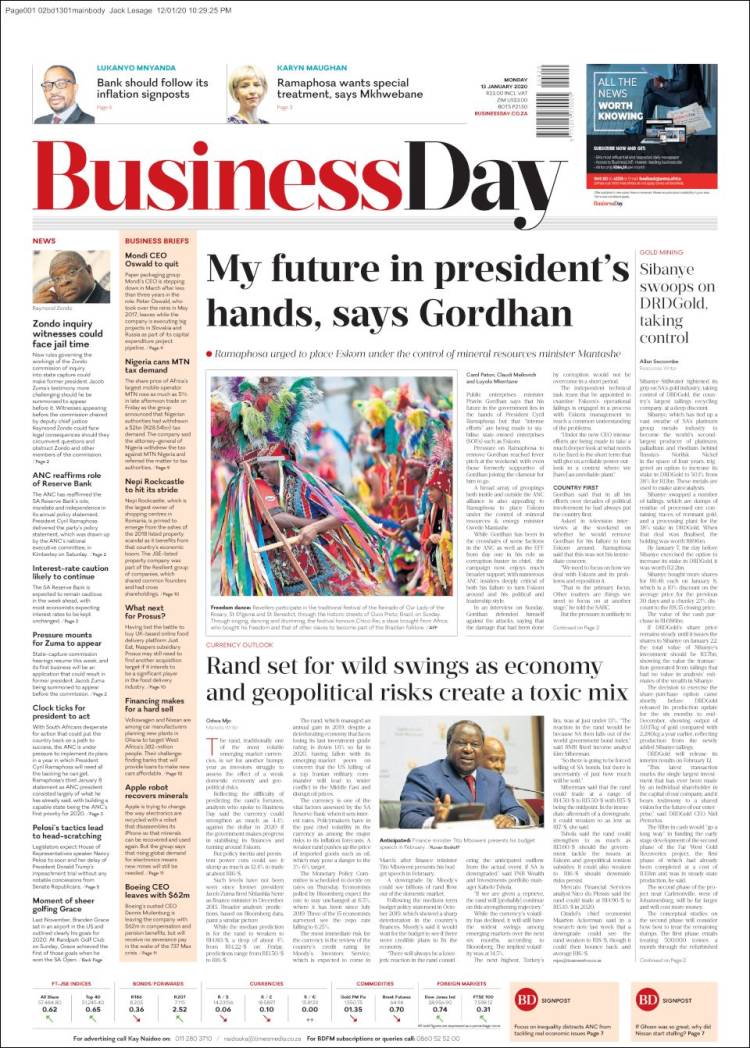 Portada de Business Day (Sudáfrica)