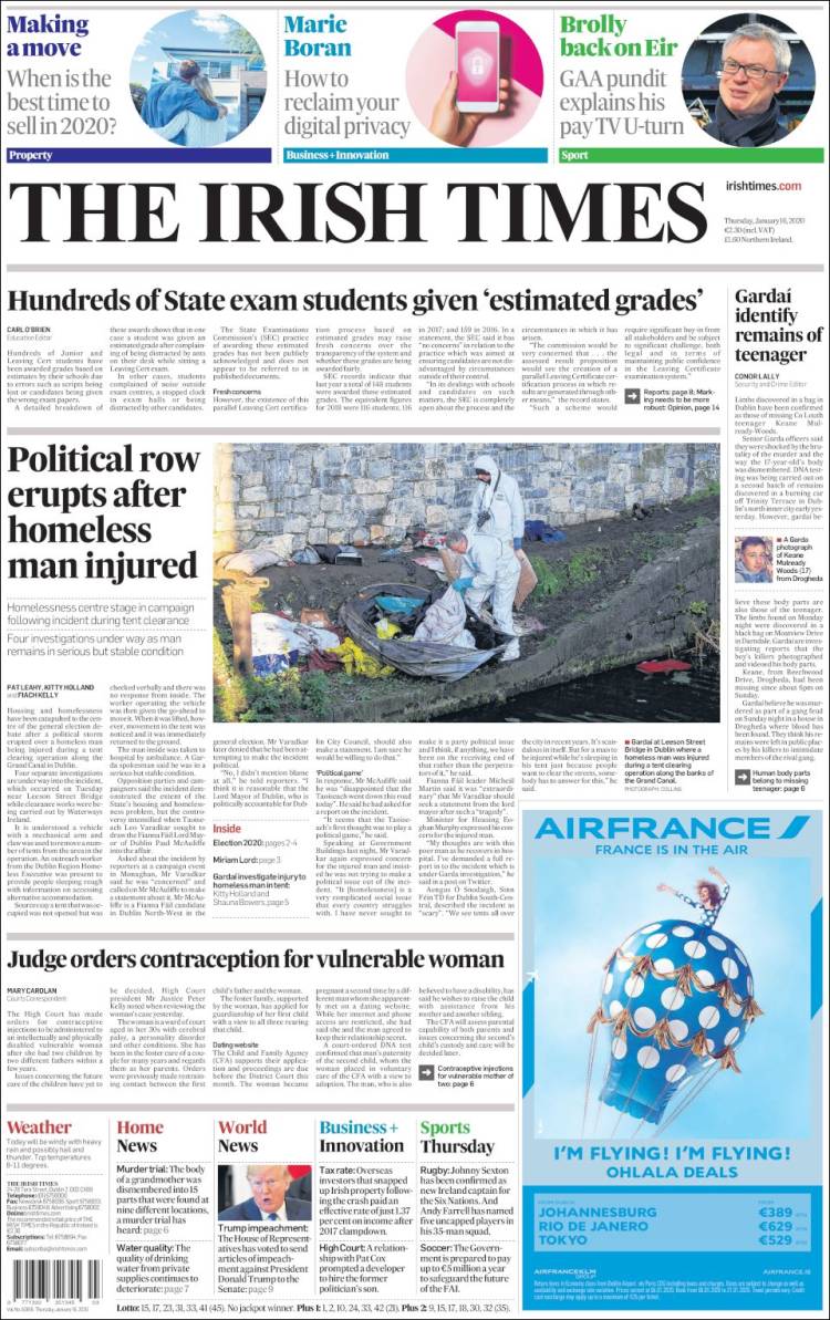 Portada de Irish Times (Irlanda)