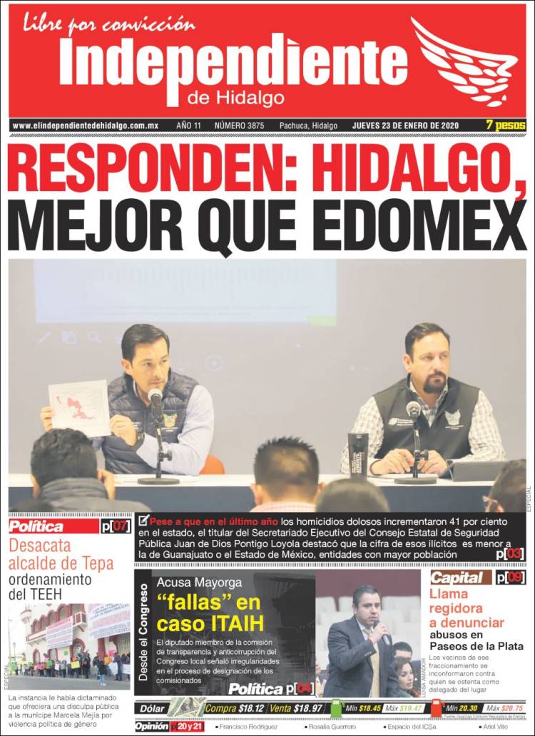 Portada de El Independiente de Hidalgo (México)