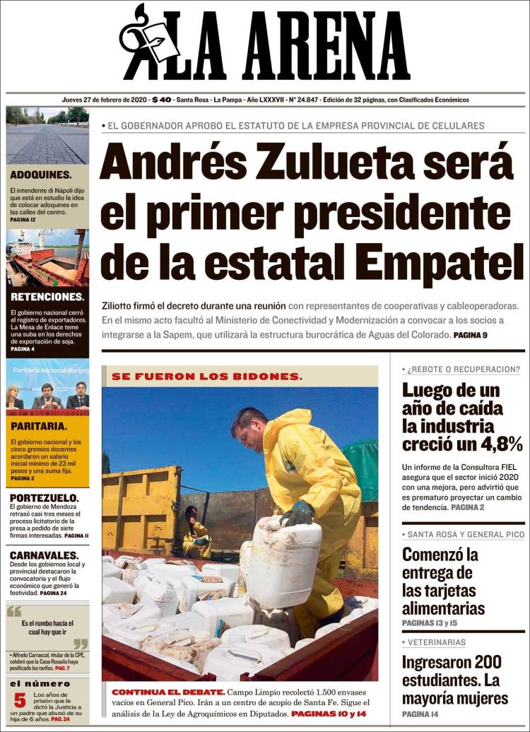 Portada de Diario La Arena (Argentina)