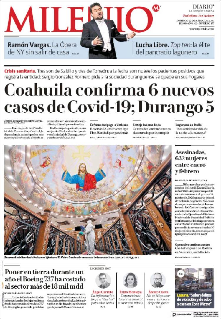 Portada de Milenio - Laguna (México)
