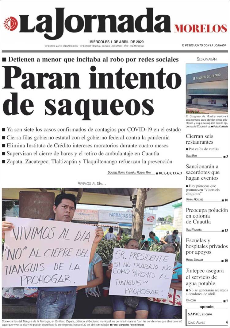 Portada de La Jornada - Morelos (México)