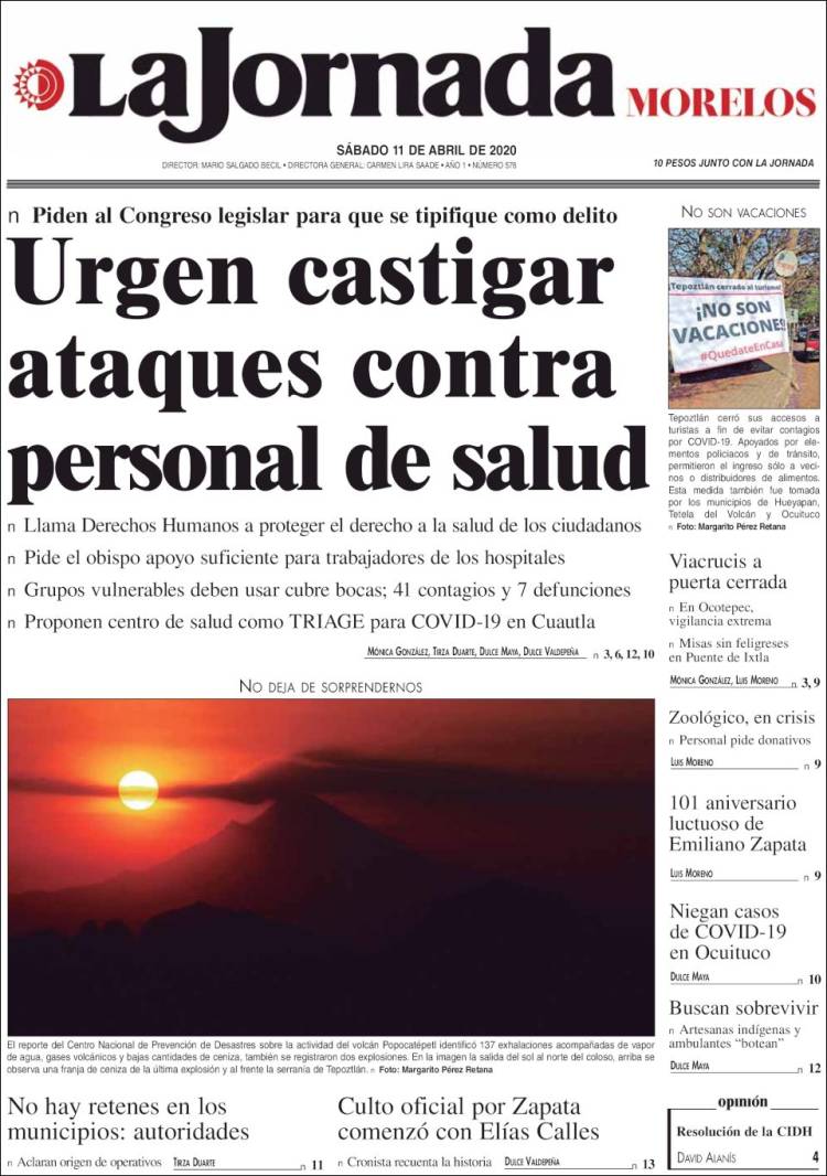 Portada de La Jornada - Morelos (México)