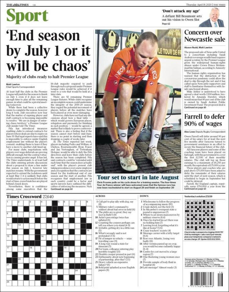 Portada de The Times Sport (Reino Unido)