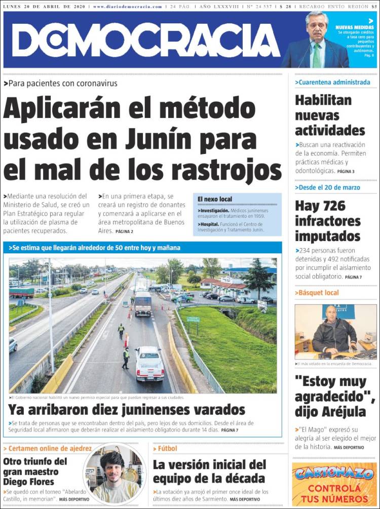 Portada de Diario Democracia (Argentina)