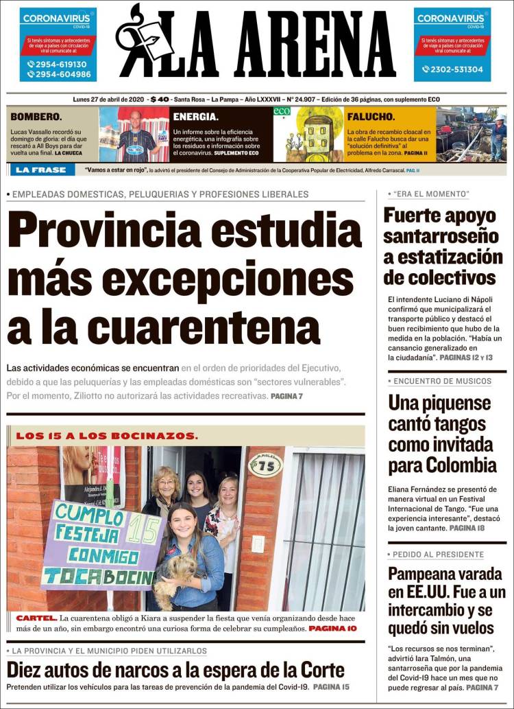 Portada de Diario La Arena (Argentina)