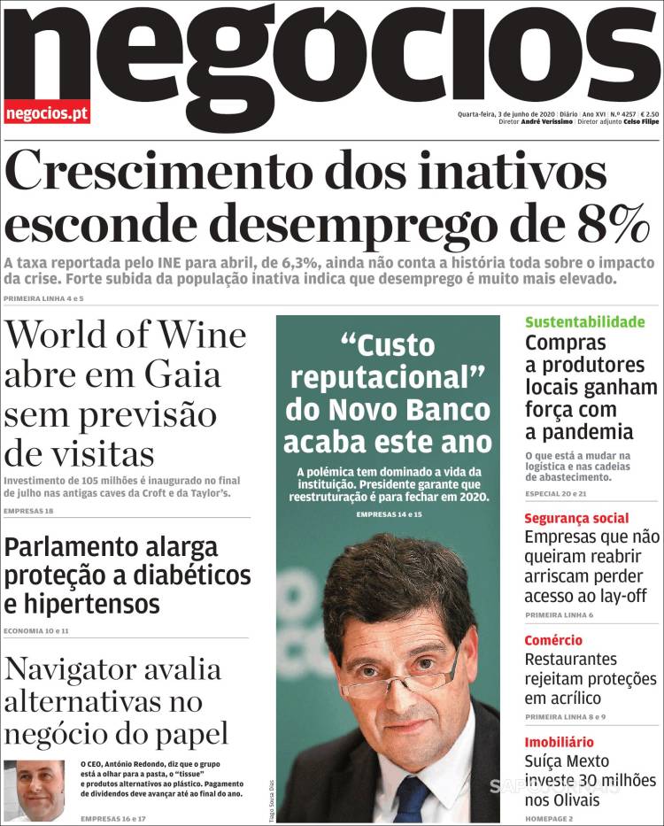 Portada de Jornal de Negócios (Portugal)